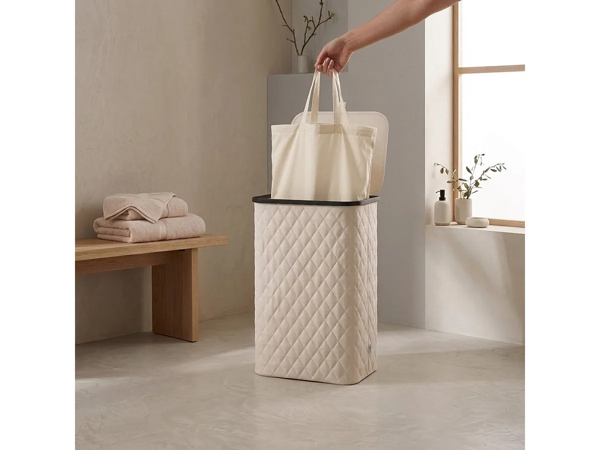 MAZAZU Panier à linge avec Couvercle - 100 Litres - Sac Intérieur Amovible - Cadre en Bambou - Blanc Crème - Panier Pliable - 44x33x69 cm