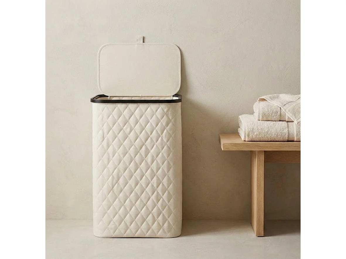 MAZAZU Panier à linge avec Couvercle - 100 Litres - Sac Intérieur Amovible - Cadre en Bambou - Blanc Crème - Panier Pliable - 44x33x69 cm