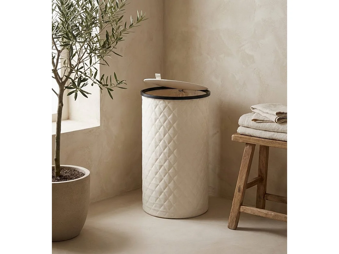 Panier à linge Rond de Luxe - 99 Litres - Diamond Stitch - Noir - Avec Couvercle & Sac à Linge Amovible - Design Haut & Étroit - 38x69 cm