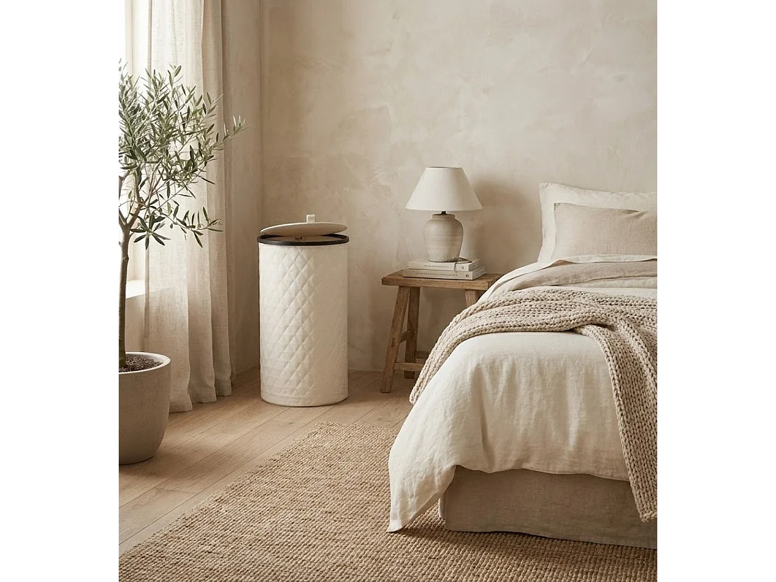 Panier à linge Rond de Luxe - 99 Litres - Diamond Stitch - Noir - Avec Couvercle & Sac à Linge Amovible - Design Haut & Étroit - 38x69 cm
