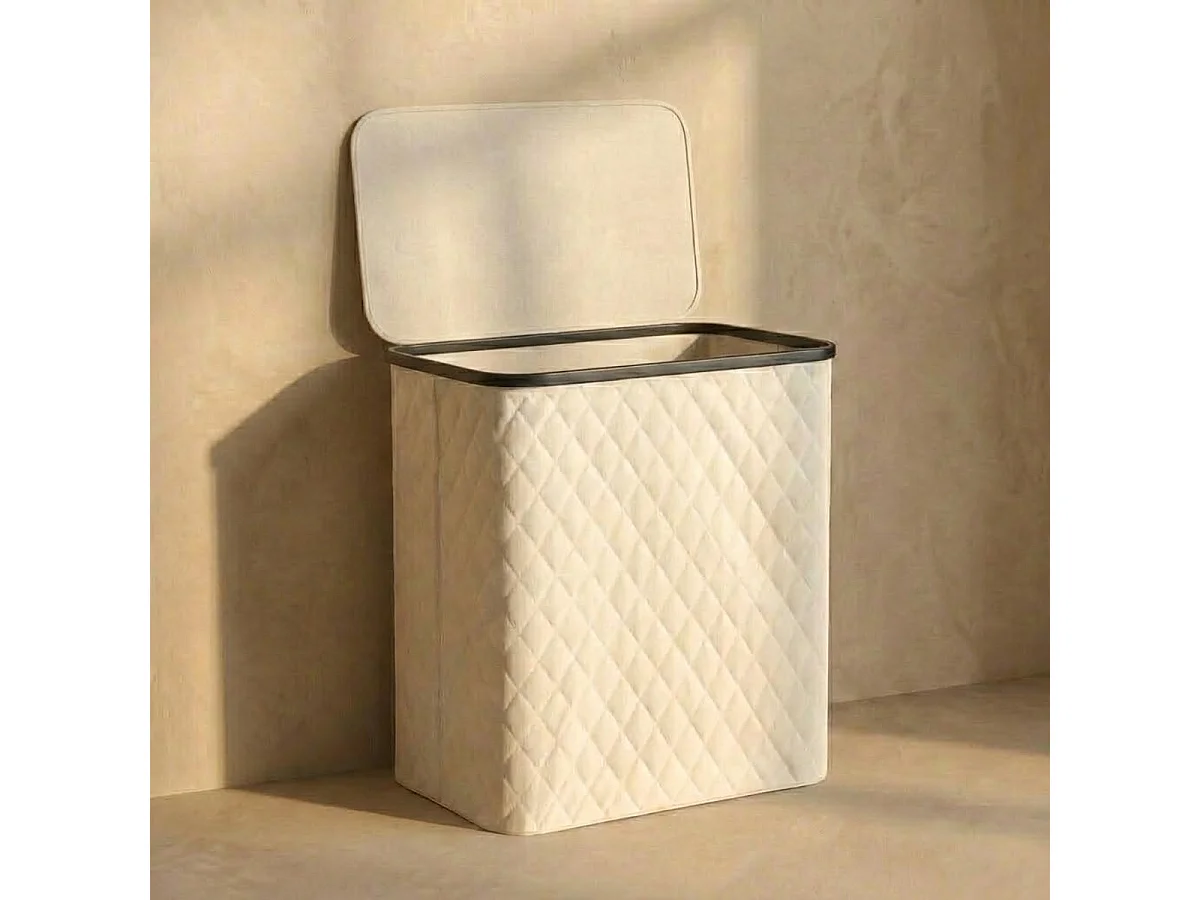 MAZAZU Panier à linge avec Couvercle & Sac Amovible - XXL 132 Litres - Diamond Stitch - Cadre en Bambou - Blanc Crème - 57x37x63 cm