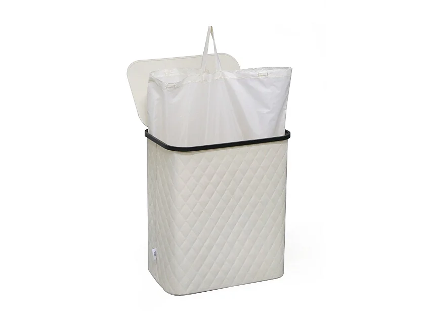 MAZAZU Panier à linge avec Couvercle & Sac Amovible - XXL 132 Litres - Diamond Stitch - Cadre en Bambou - Blanc Crème - 57x37x63 cm