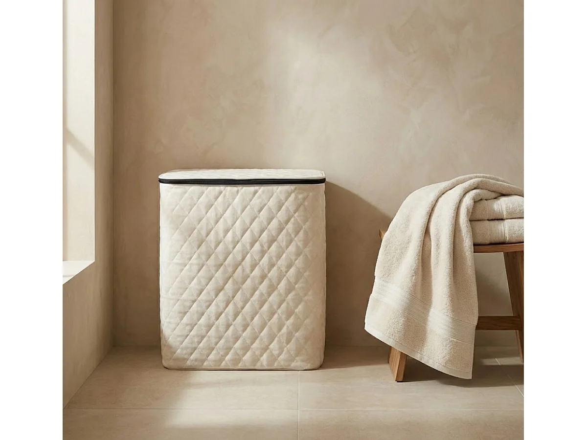 MAZAZU Panier à linge avec Couvercle & Sac Amovible - XXL 132 Litres - Diamond Stitch - Cadre en Bambou - Blanc Crème - 57x37x63 cm