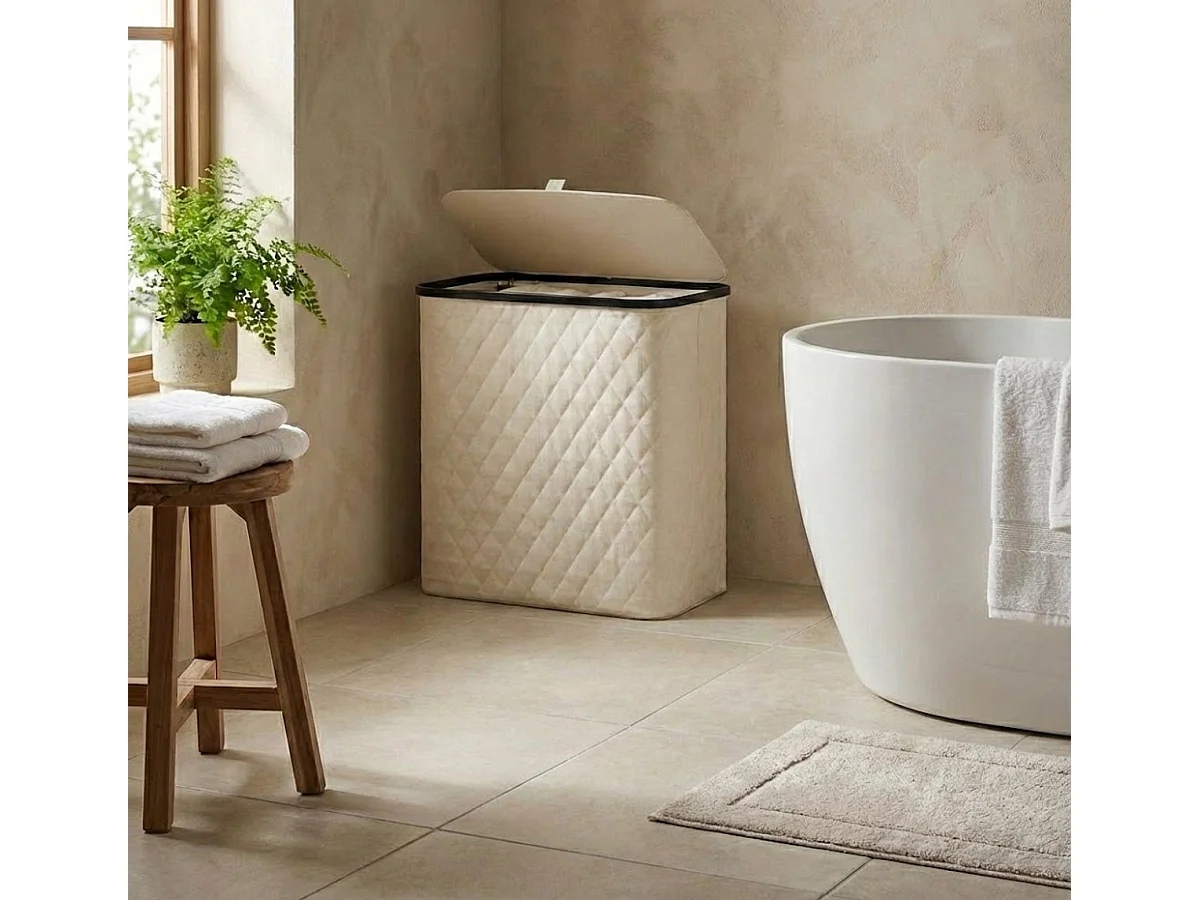 MAZAZU Panier à linge avec Couvercle & Sac Amovible - XXL 132 Litres - Diamond Stitch - Cadre en Bambou - Blanc Crème - 57x37x63 cm