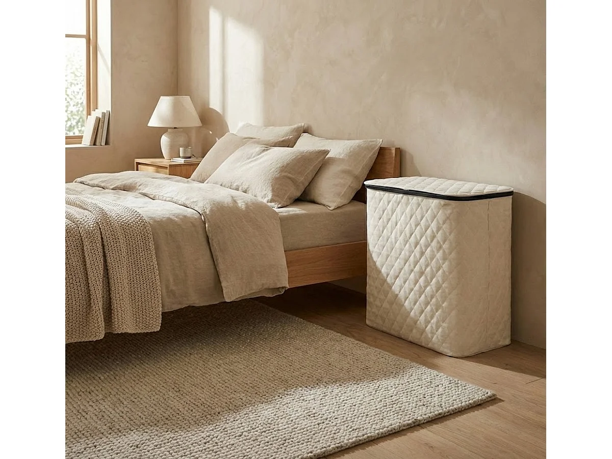 MAZAZU Panier à linge avec Couvercle & Sac Amovible - XXL 132 Litres - Diamond Stitch - Cadre en Bambou - Blanc Crème - 57x37x63 cm
