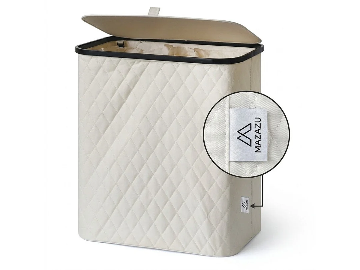 MAZAZU Panier à linge avec Couvercle & Sac Amovible - XXL 132 Litres - Diamond Stitch - Cadre en Bambou - Blanc Crème - 57x37x63 cm