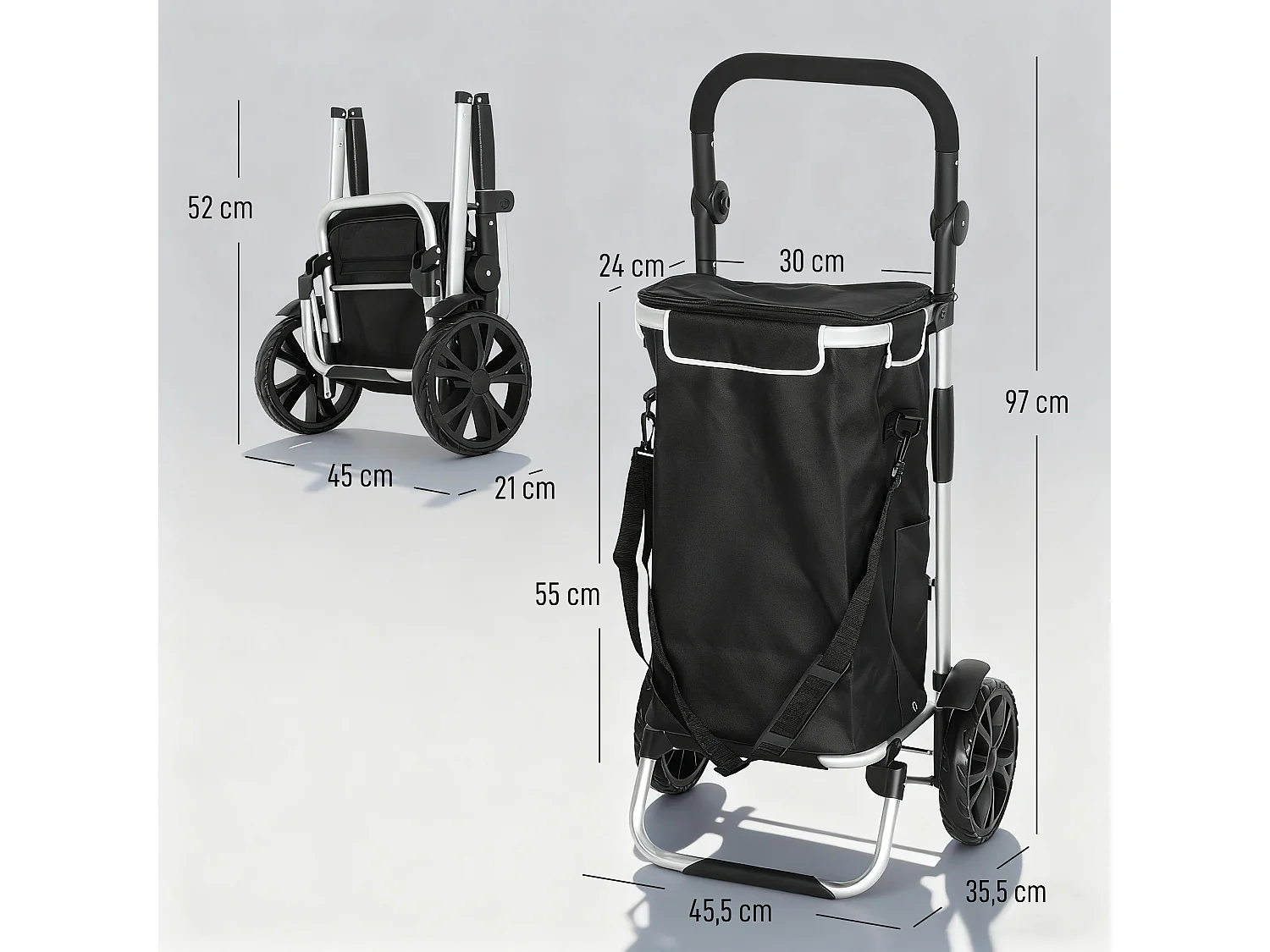 Chariot de courses pliable 3 en 1 sac à bandoulière 40L chariot transport poignée réglable compartiment isotherme alu noir