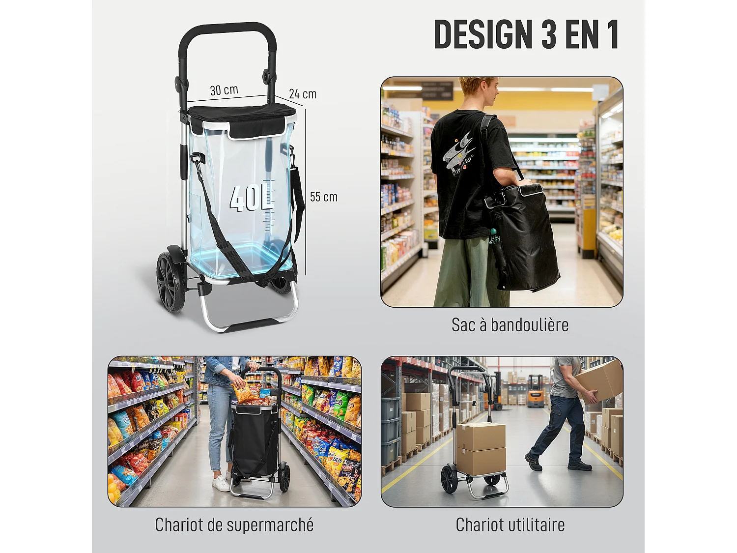Chariot de courses pliable 3 en 1 sac à bandoulière 40L chariot transport poignée réglable compartiment isotherme alu noir