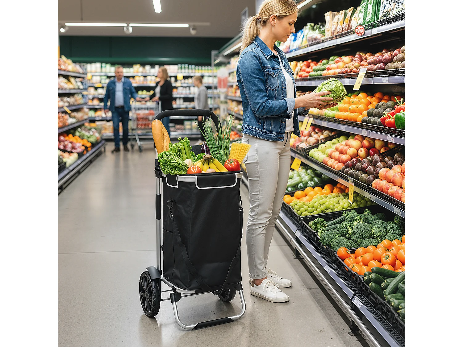 Chariot de courses pliable 3 en 1 sac à bandoulière 40L chariot transport poignée réglable compartiment isotherme alu noir
