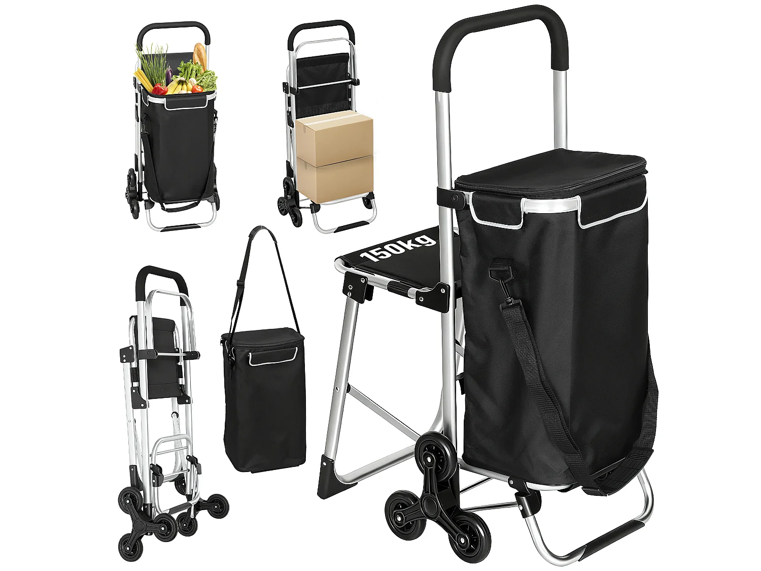 Chariot de courses pliable 3 en 1 tabouret sac à bandoulière 40L poignée telescopique compartiment isotherme alu noir