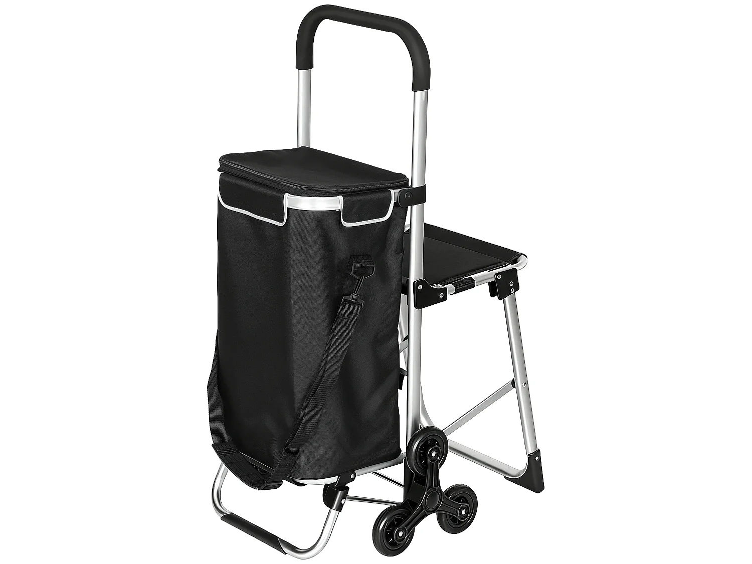 Chariot de courses pliable 3 en 1 tabouret sac à bandoulière 40L poignée telescopique compartiment isotherme alu noir