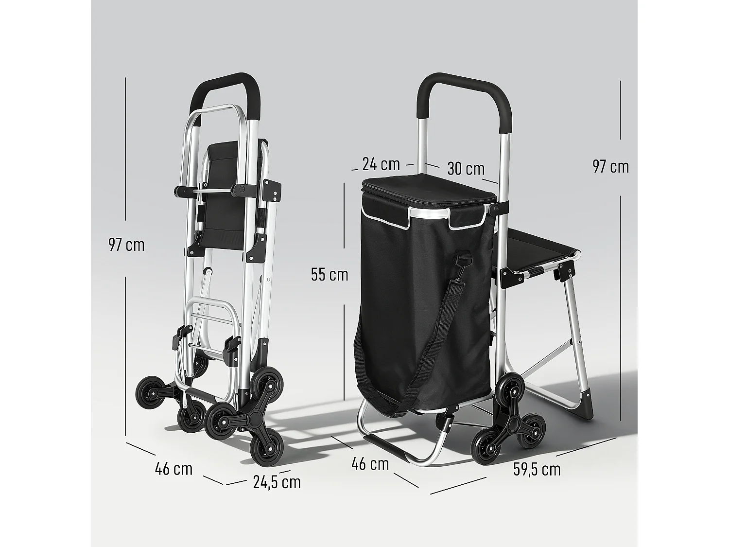 Chariot de courses pliable 3 en 1 tabouret sac à bandoulière 40L poignée telescopique compartiment isotherme alu noir