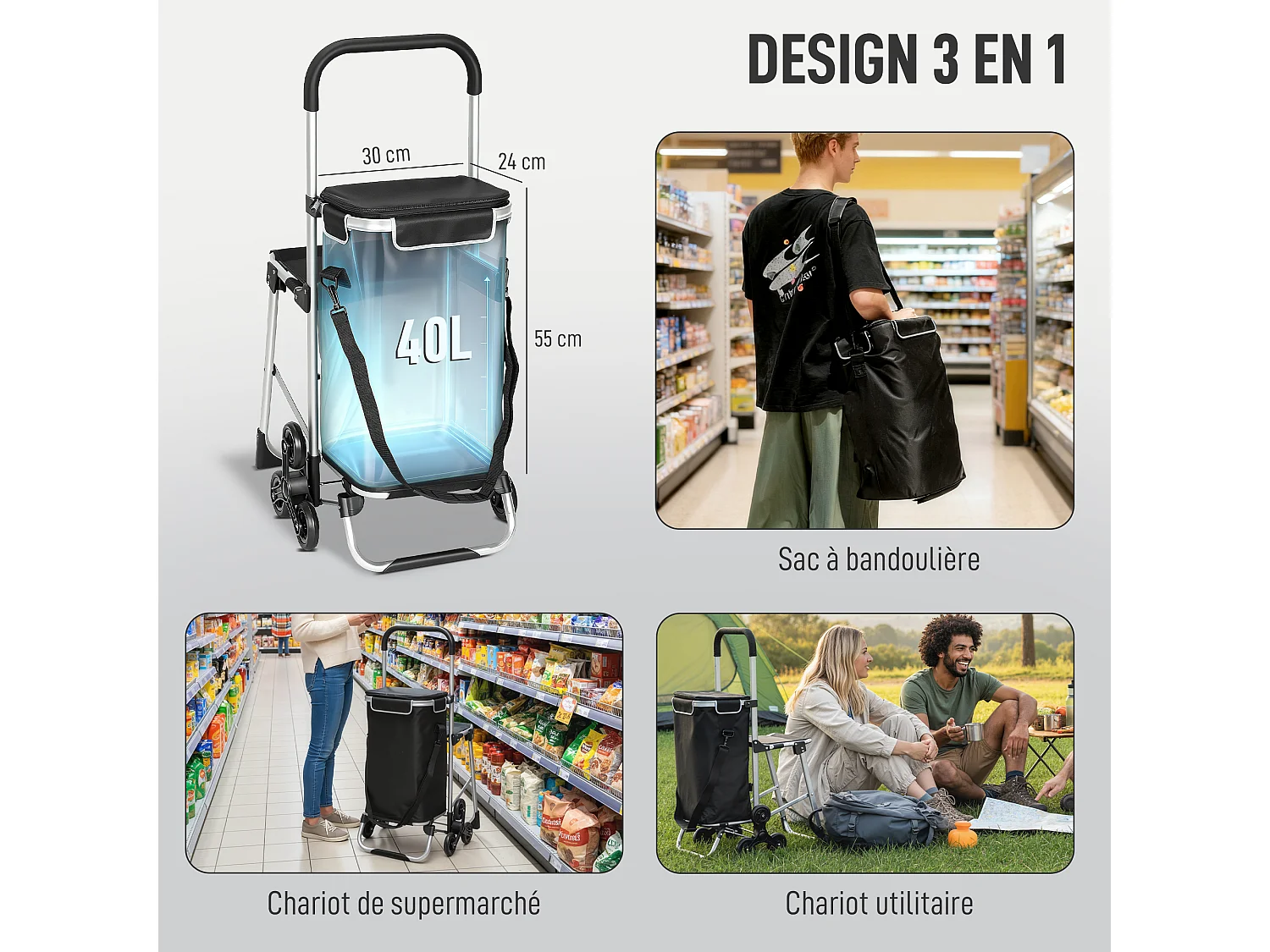 Chariot de courses pliable 3 en 1 tabouret sac à bandoulière 40L poignée telescopique compartiment isotherme alu noir