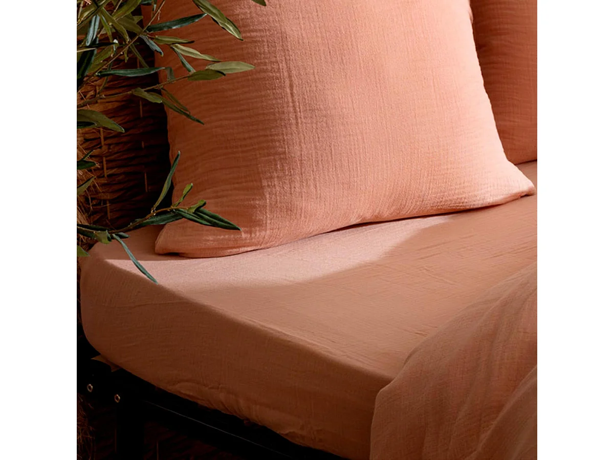 Drap Housse en Gaze de Coton "Flora" 160x200cm Rose