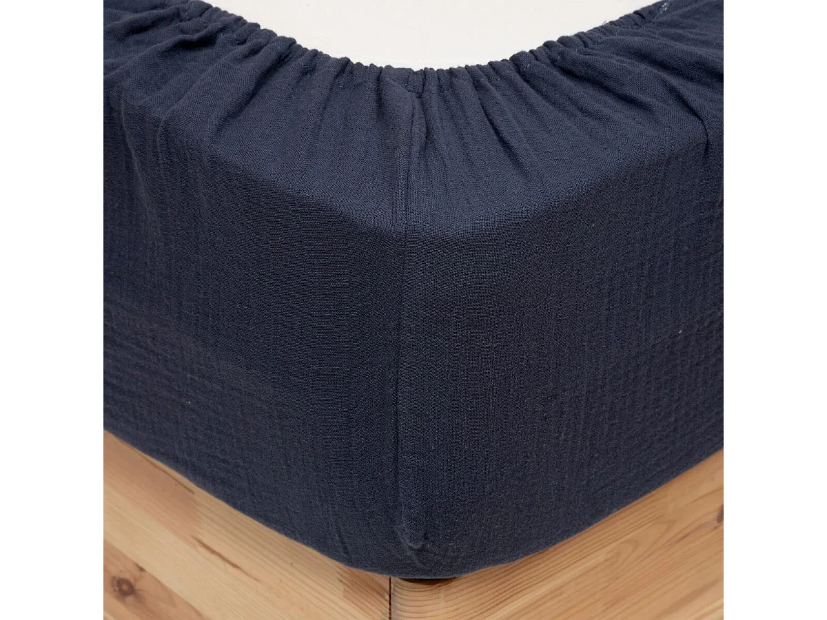 Drap Housse en Gaze de Coton "Flora" 160x200cm Bleu