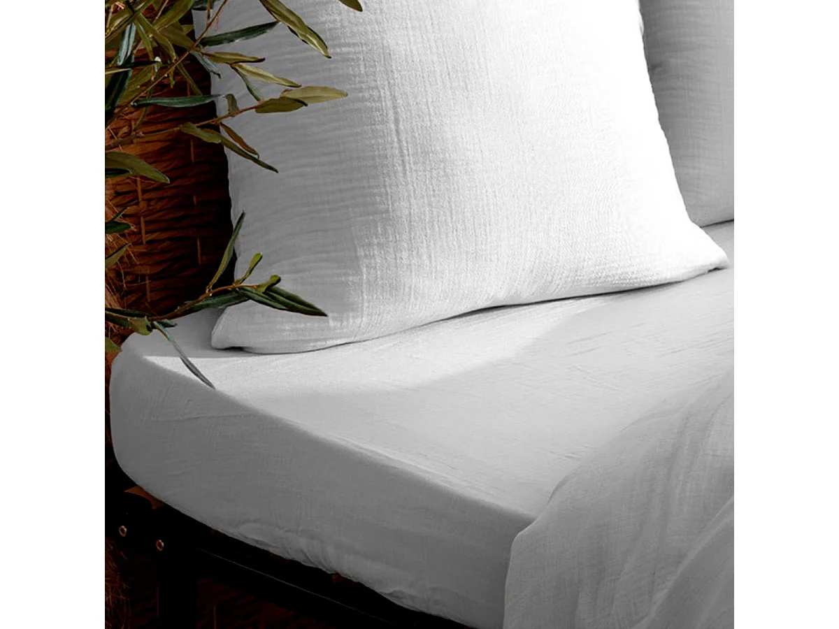 Drap Housse en Gaze de Coton "Flora" 160x200cm Blanc