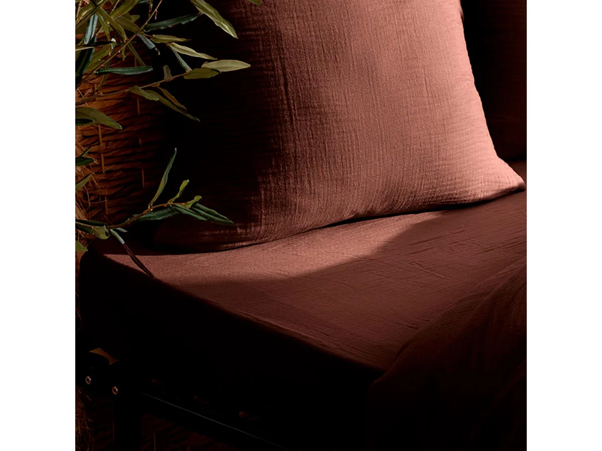 Drap Housse en Gaze de Coton "Flora" 160x200cm Marron