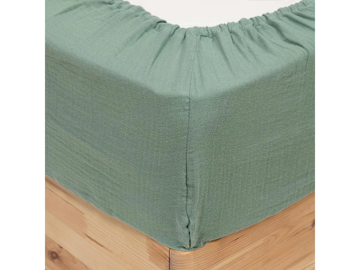 Drap Housse en Gaze de Coton "Flora" 160x200cm Vert Céladon