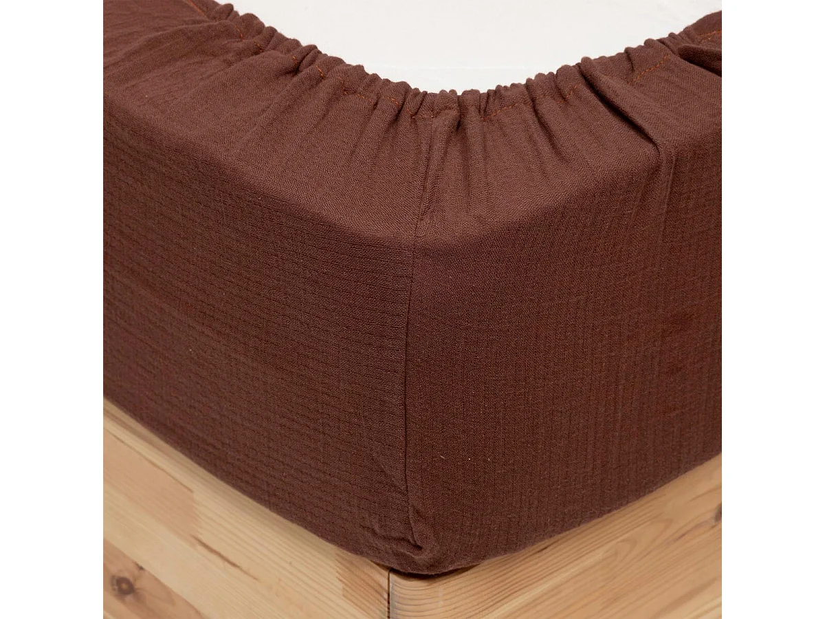 Drap Housse en Gaze de Coton "Flora" 140x190cm Marron