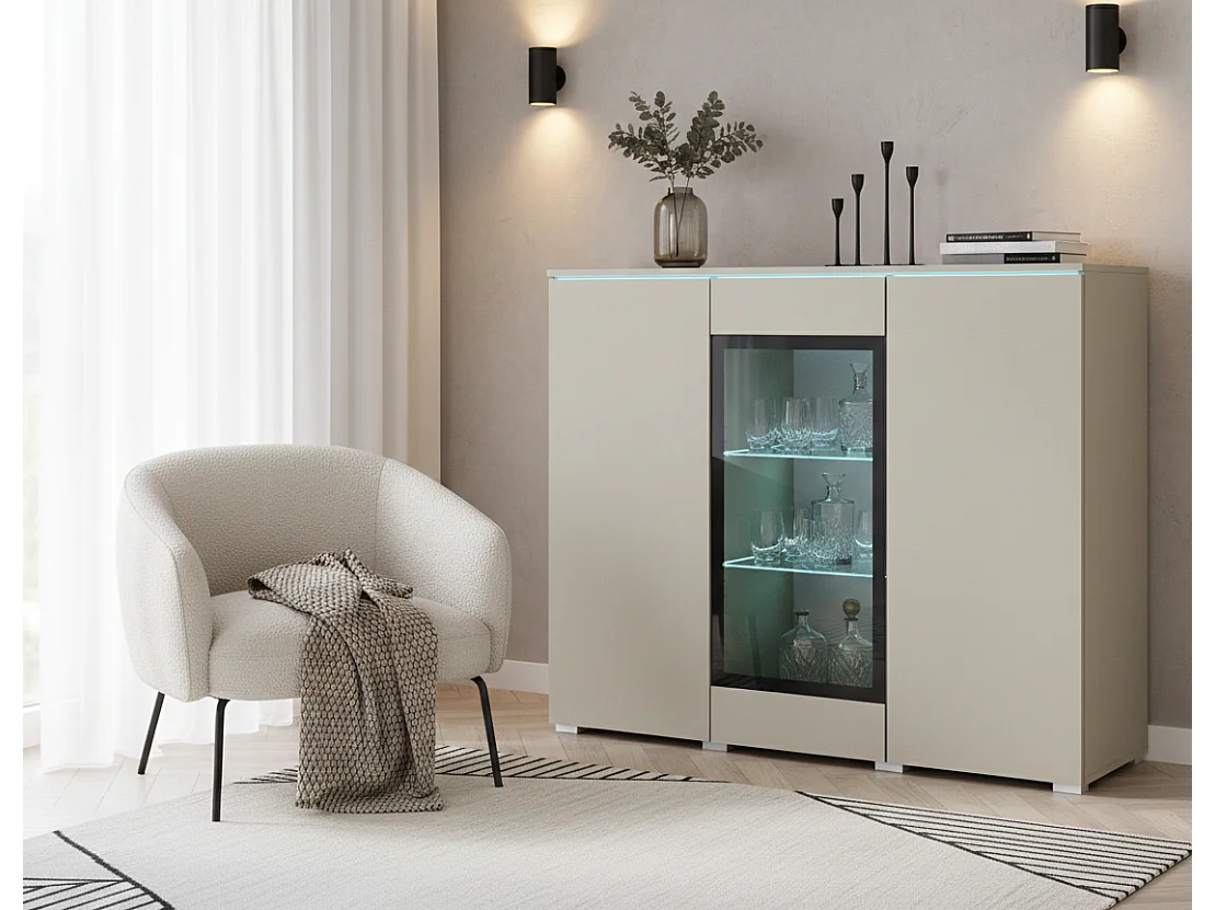 Vitrine-Kommode VEVE 120 cm, Farbe Kaschmirbeige mit LED-Beleuchtung