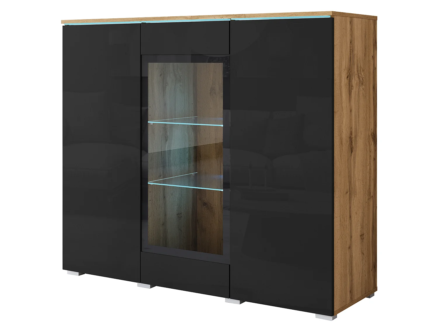 Vitrine VEVE 120 cm, Farbe Wotan Eiche/Schwarz Hochglanz mit LED-Beleuchtung