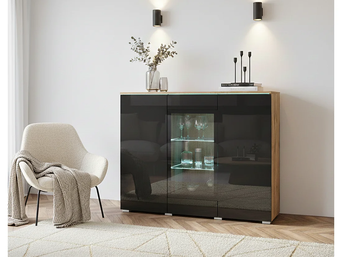Vitrine VEVE 120 cm, Farbe Wotan Eiche/Schwarz Hochglanz mit LED-Beleuchtung