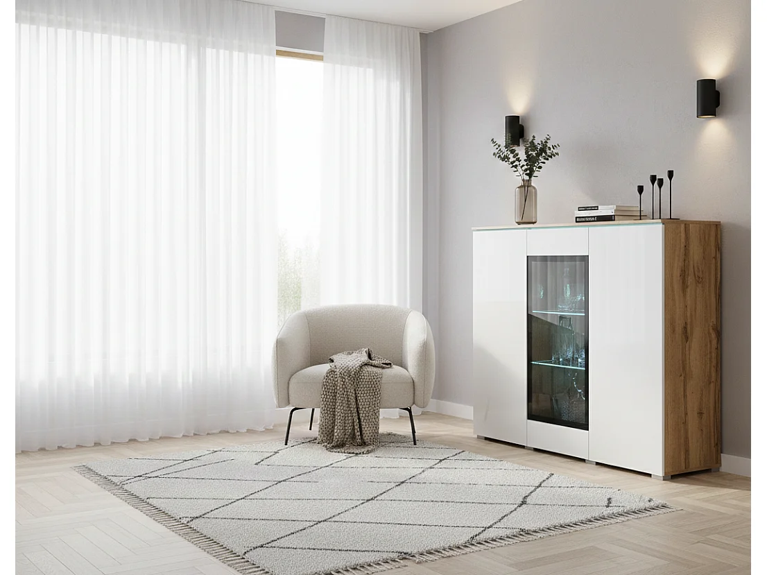 Vitrine VEVE 120 cm, Farbe Wotan Eiche/Weiß Hochglanz