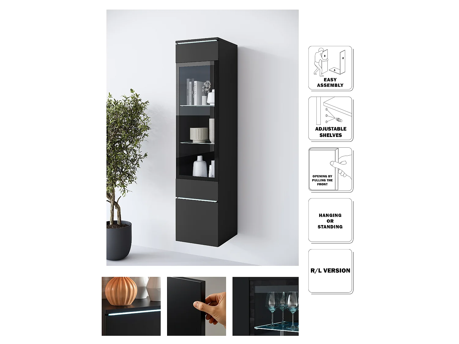 Hängevitrine MINIO go for it VEVE 02 mit LED-Beleuchtung, Schwarz, 1 Stück.