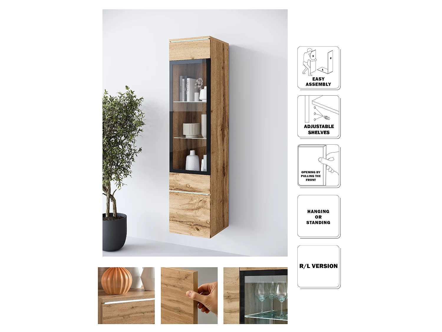 Hängevitrine MINIO go for it VEVE 02 mit LED-Beleuchtung, Wotan-Eiche, 1 Stück.