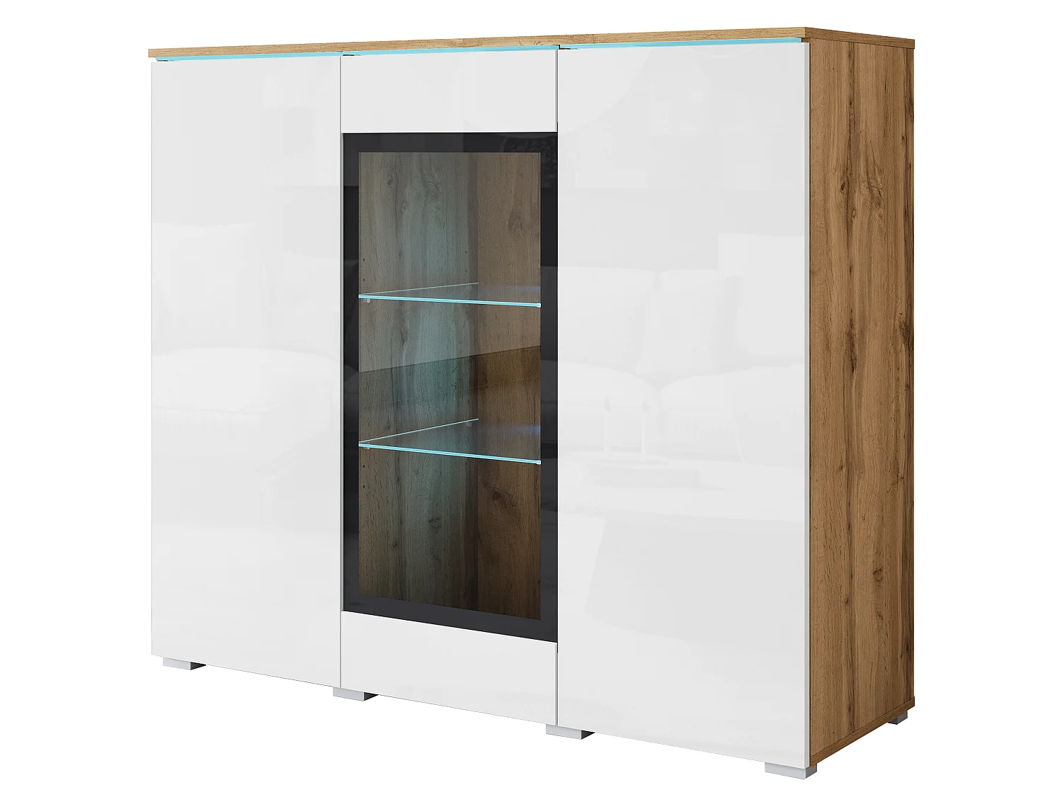 Vitrine VEVE 120 cm, Farbe Wotan Eiche/Weiß Hochglanz mit LED-Beleuchtung