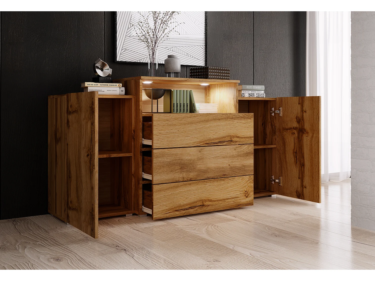 Commode KORFU 150 cm avec éclairage LED, Chêne Wotan