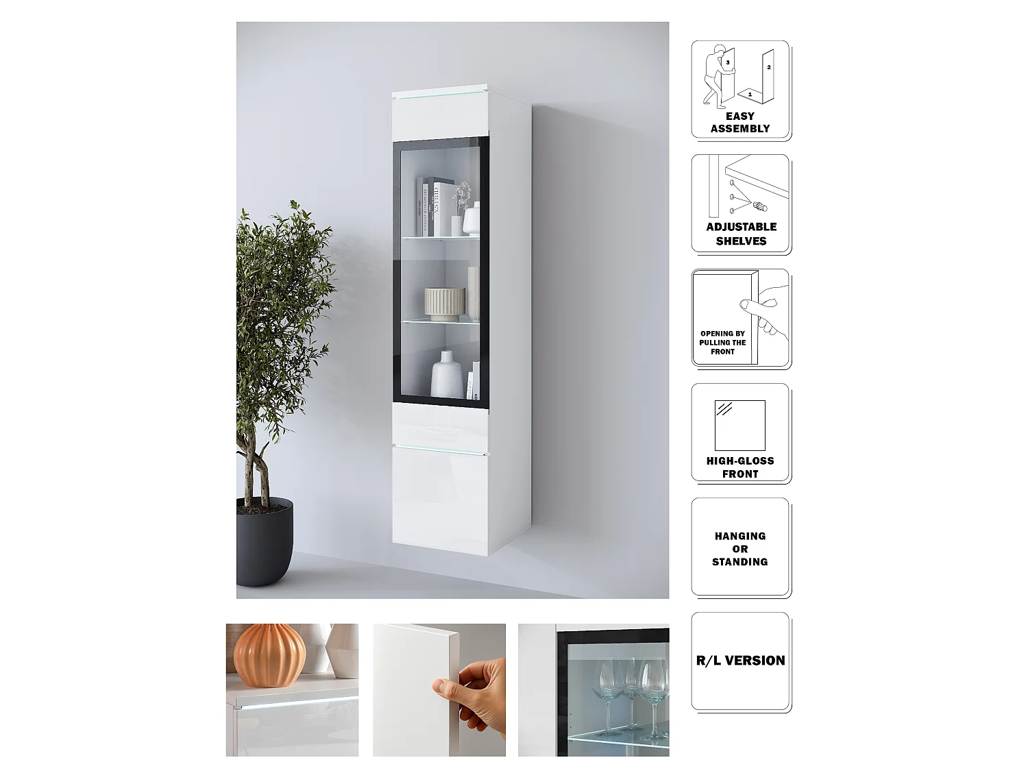 Hängevitrine MINIO go for it VEVE 02 mit LED-Beleuchtung, Weiß / Hochglanz Weiß, 1 Stück.