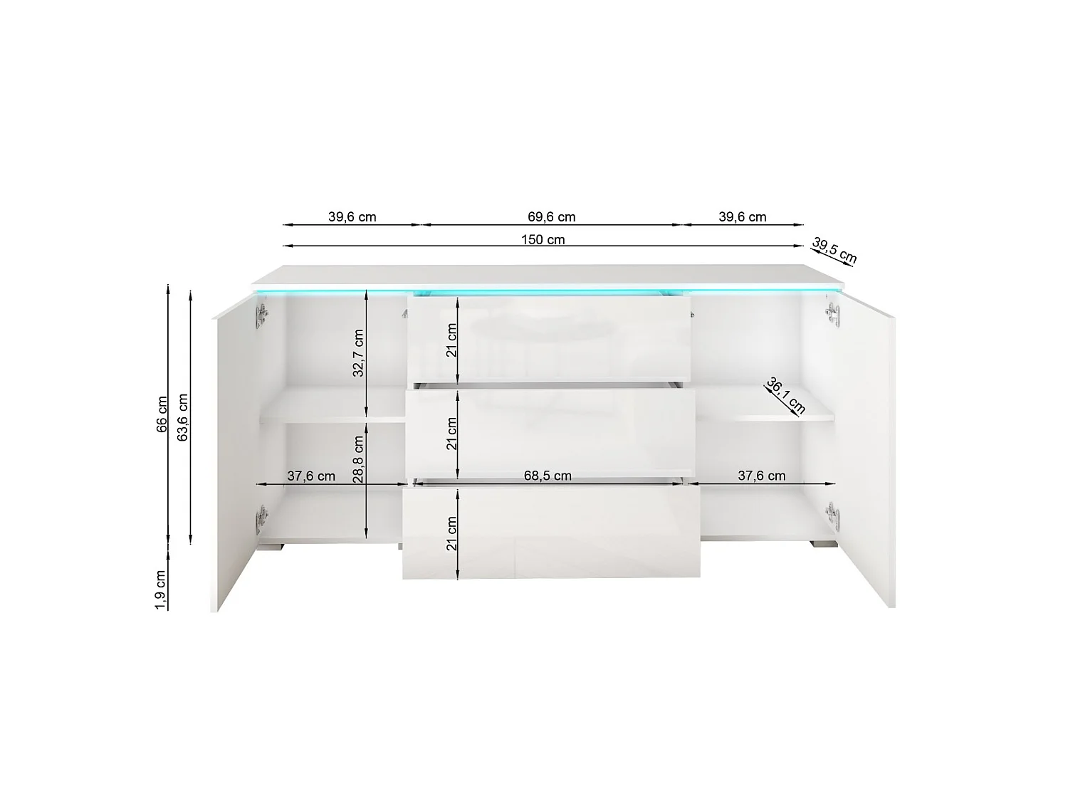Commode MINIO go for it VEVE 150 cm avec éclairage LED, Matera / Blanc brillant