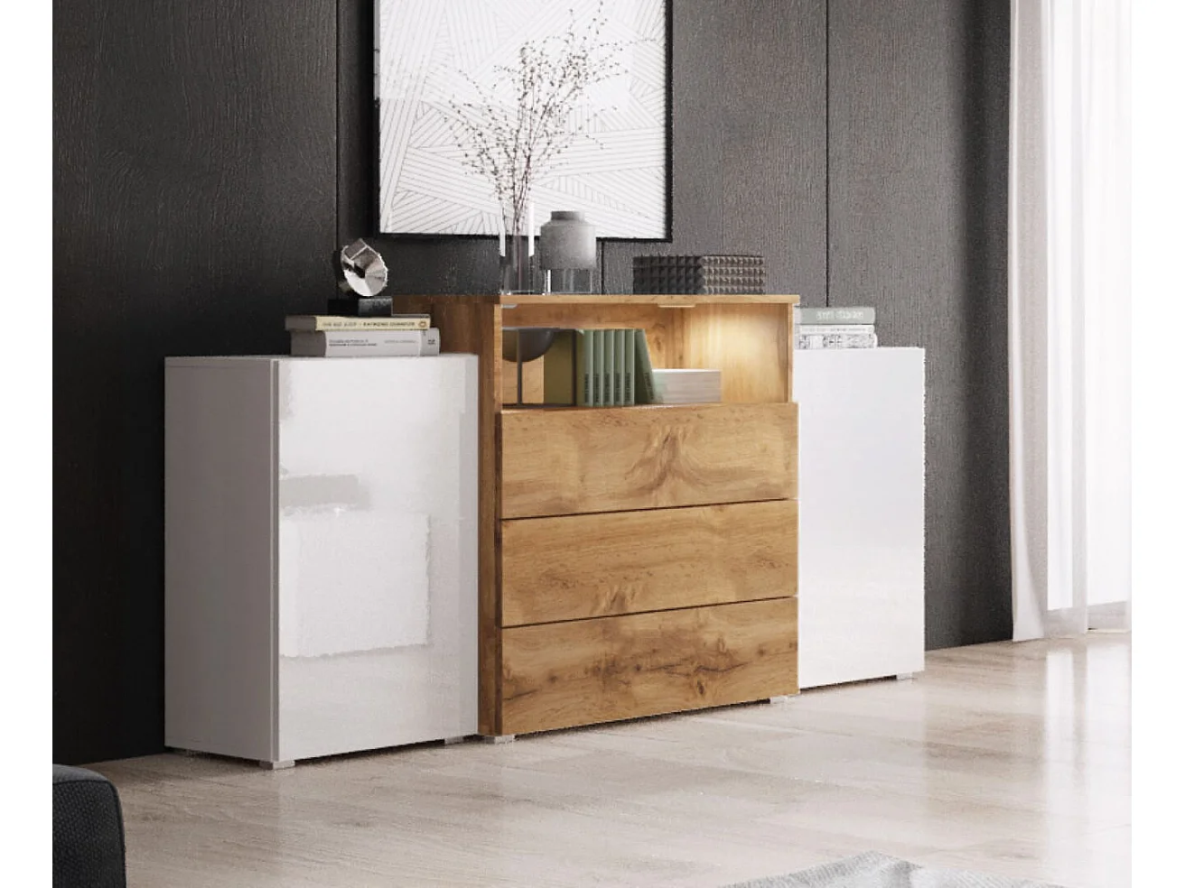Commode KORFU 150 cm avec éclairage LED, blanc/chêne Wotan/blanc brillant
