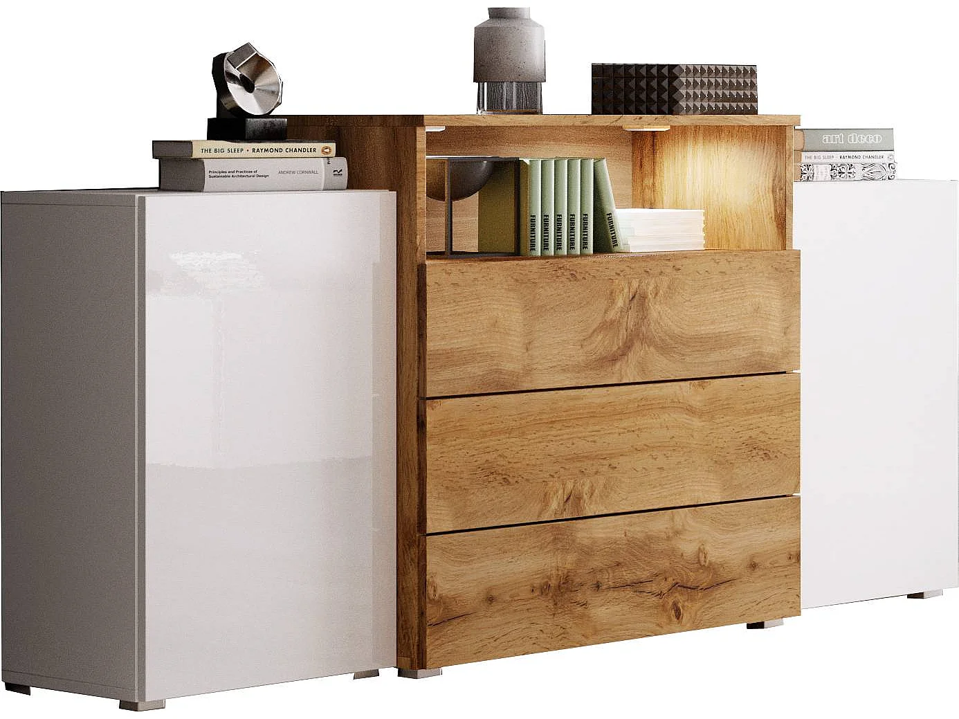 Commode KORFU 150 cm avec éclairage LED, blanc/chêne Wotan/blanc brillant