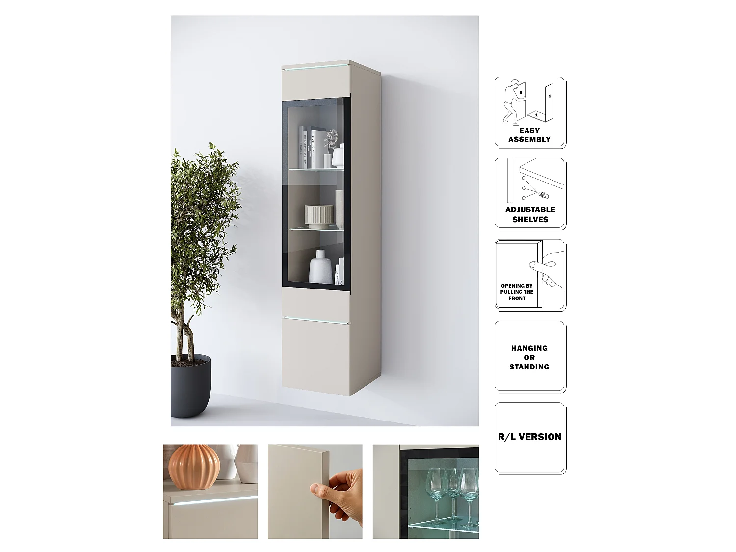 Hängevitrine MINIO go for it VEVE 02 mit LED-Beleuchtung, Kaschmirbeige, 1 Stück.