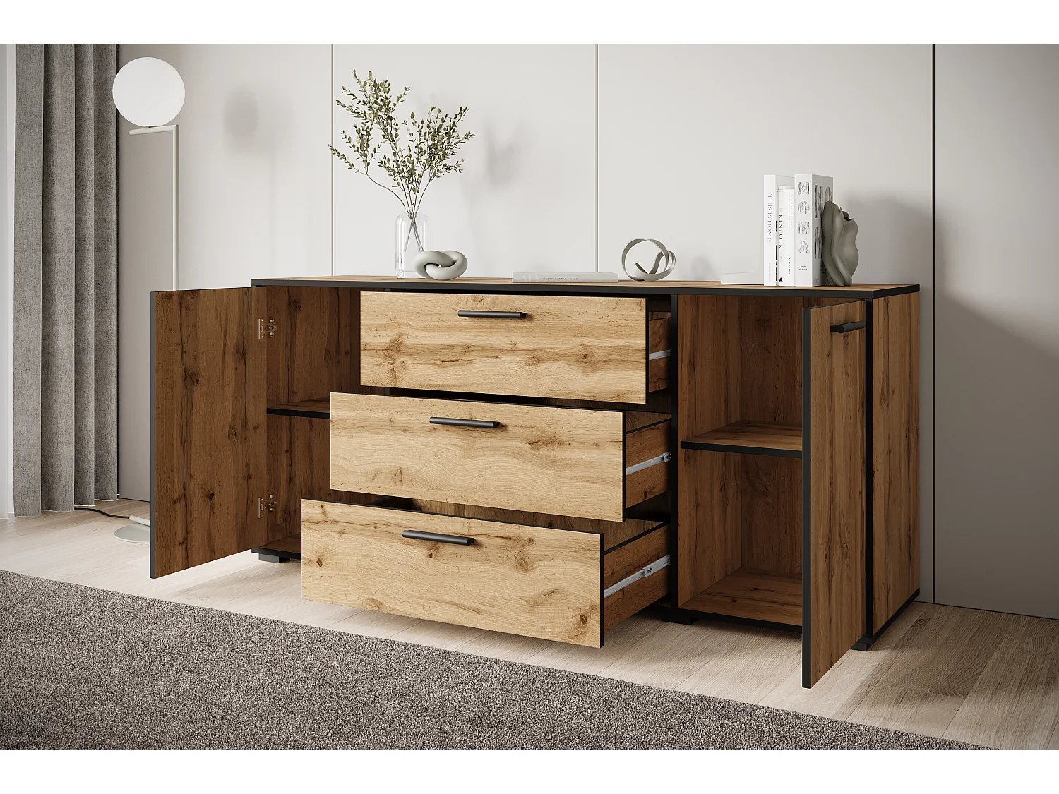 Dressoir TOGA 150 cm, Wotan-eik met zwarte randen