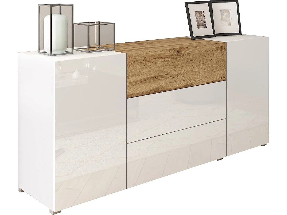 Commode BRELA 150 cm Blanc/chêne Wotan/blanc Brillant