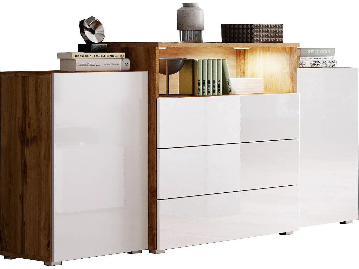 Commode KORFU 150 cm avec éclairage LED, Chêne Wotan / Blanc brillant