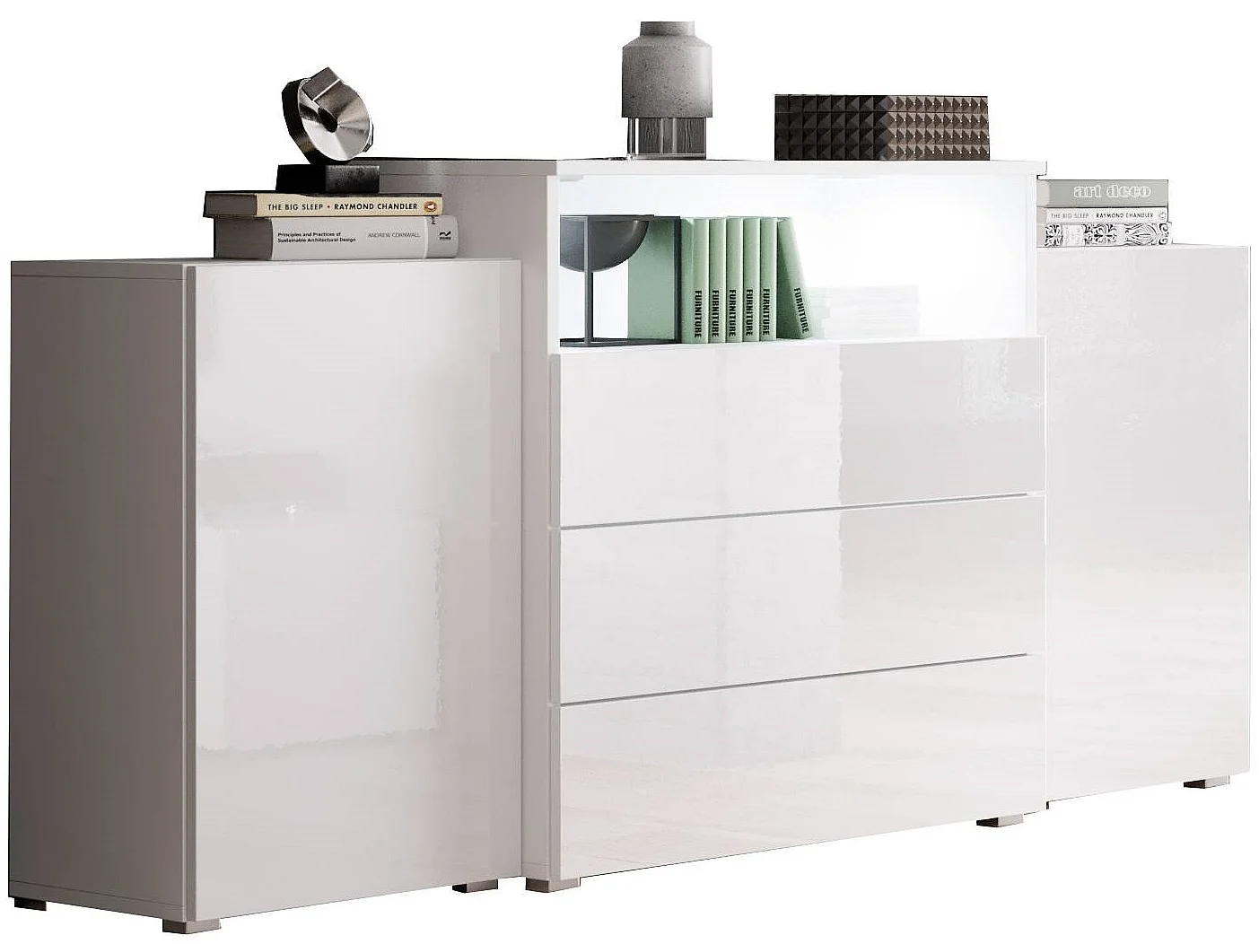 Commode KORFU 150 cm avec éclairage LED, Blanc mat / Blanc brillant