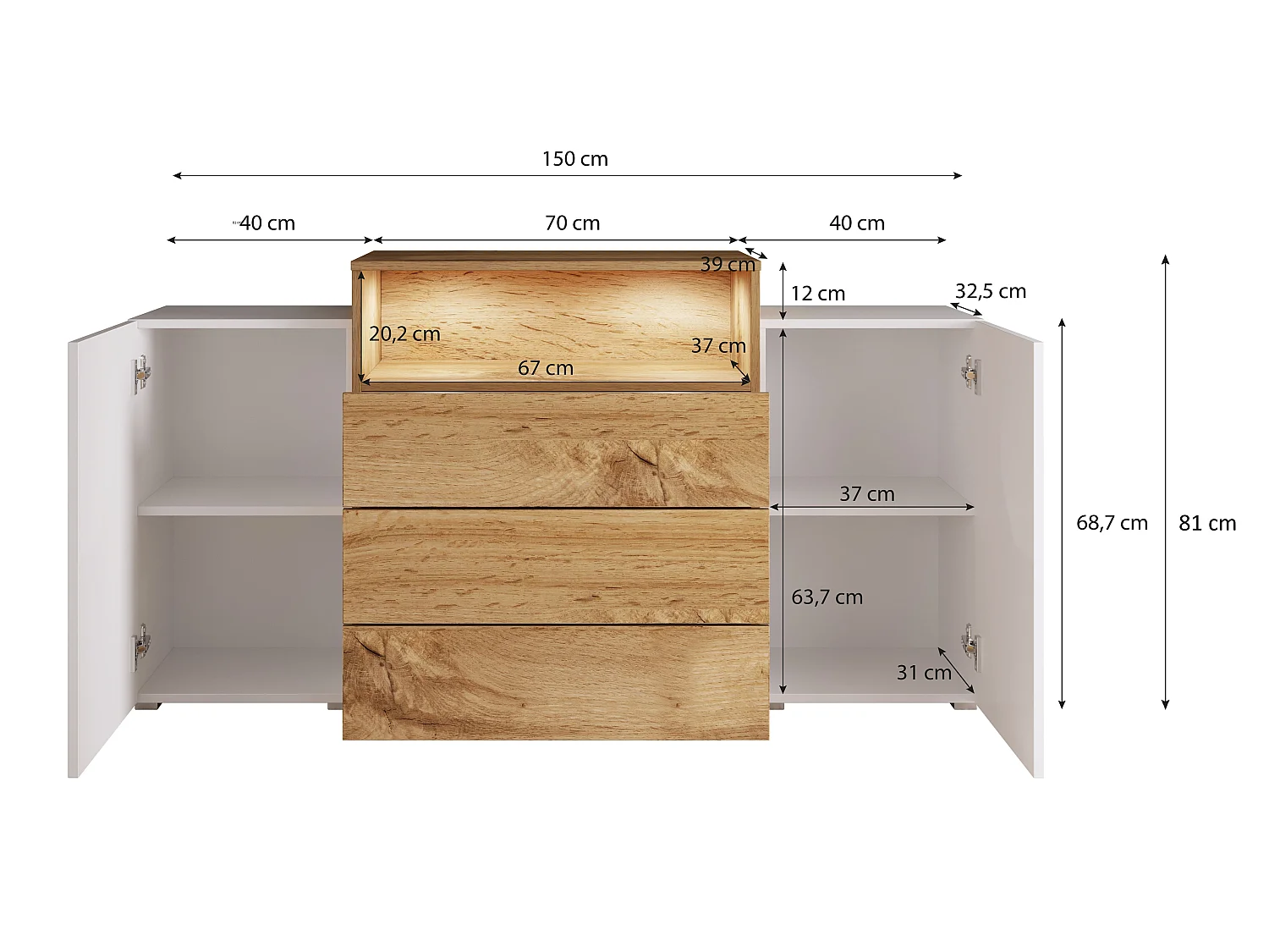 Commode KORFU 150 cm Chêne Wotan / Blanc brillant