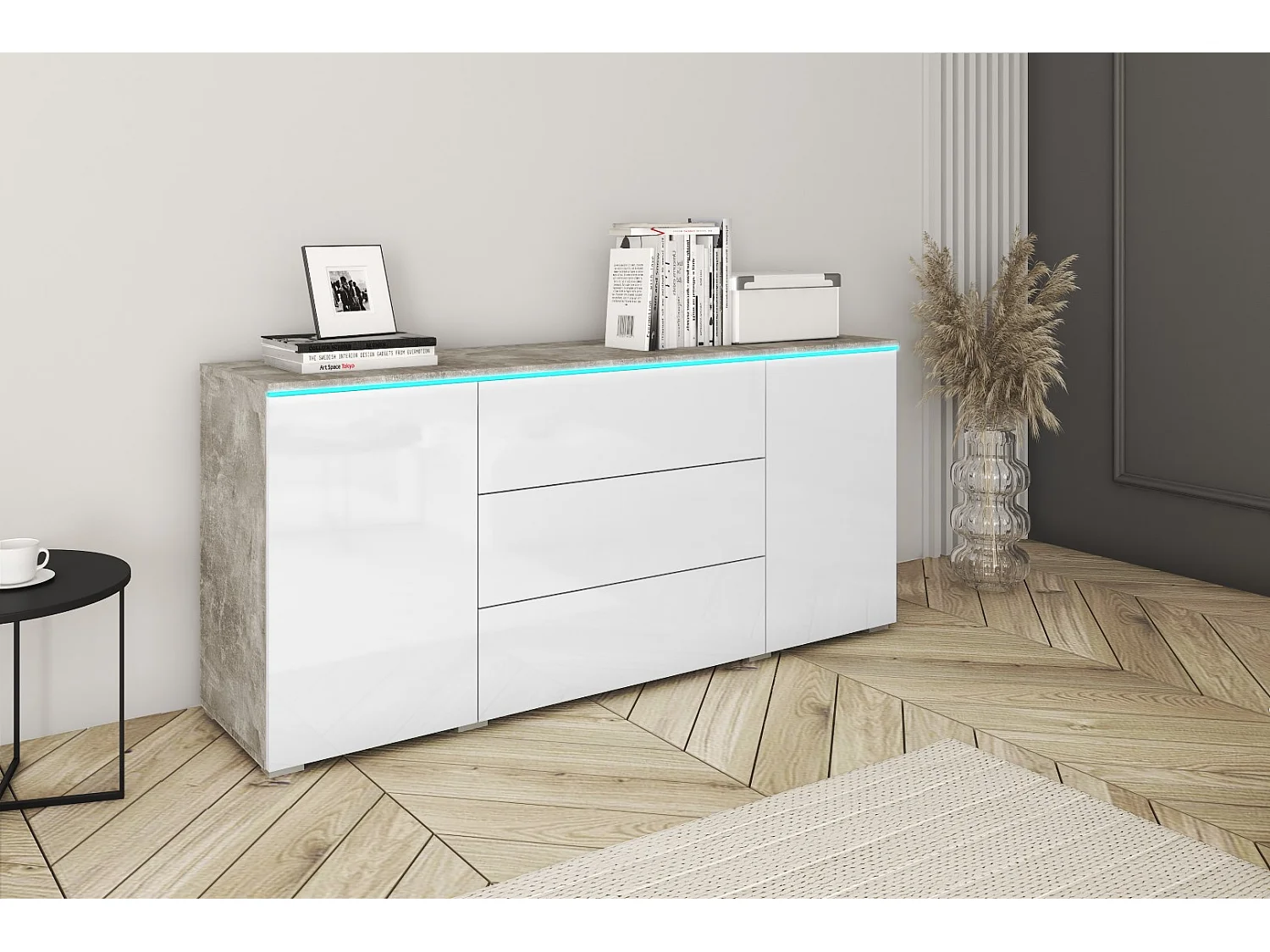 Commode MINIO go for it VEVE 150 cm avec éclairage LED, Béton Smart / Blanc brillant