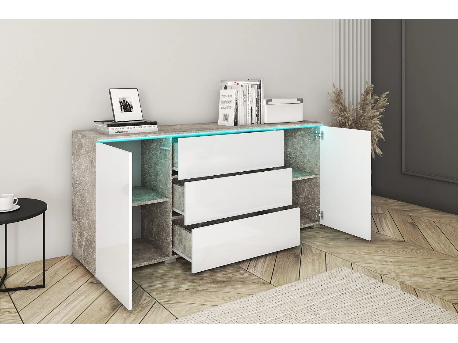 Commode MINIO go for it VEVE 150 cm avec éclairage LED, Béton Smart / Blanc brillant