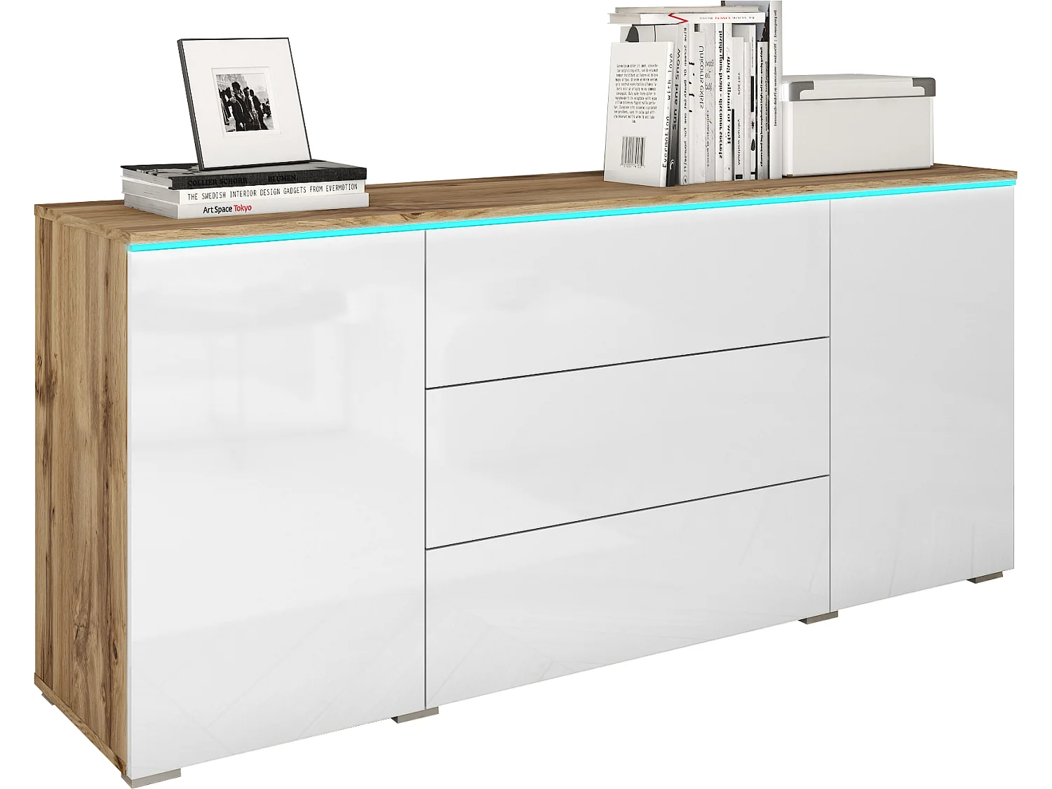 Commode MINIO go for it VEVE 150 cm avec éclairage LED, Chêne Wotan / Blanc brillant