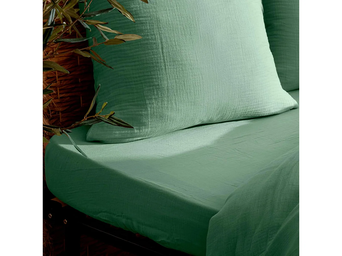 Drap Housse en Gaze de Coton "Flora" 140x190cm Vert Céladon