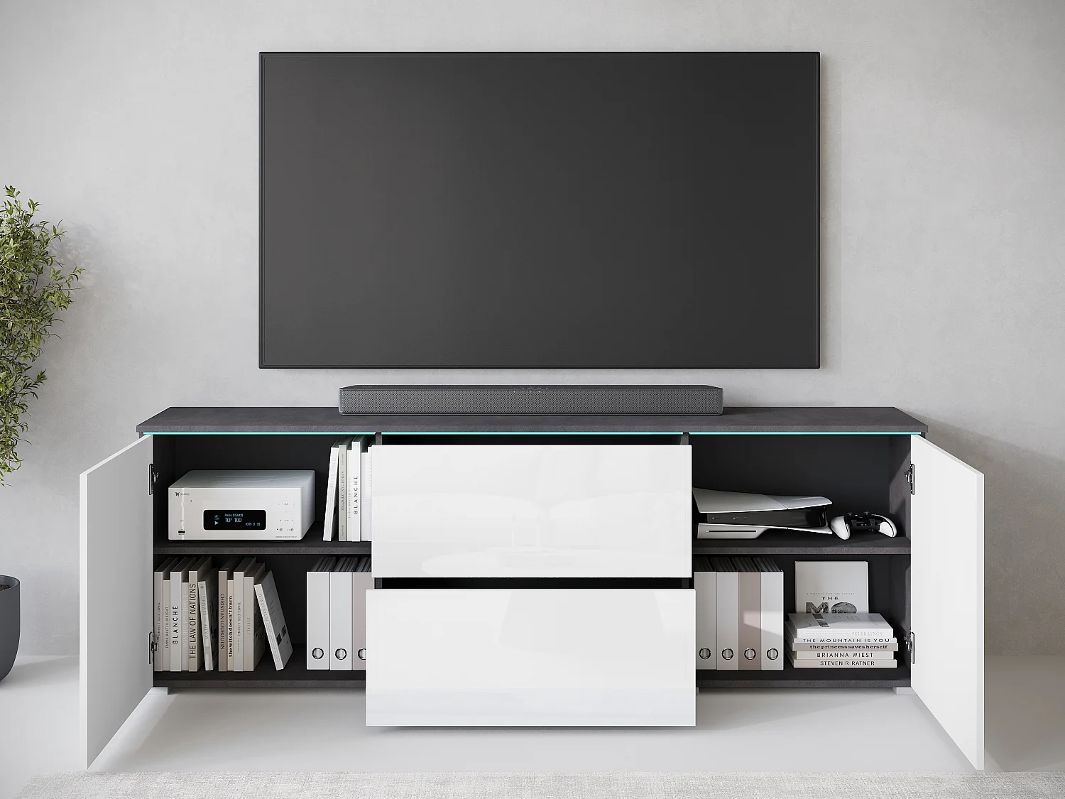 Commode VEVE 180 cm en matera/blanc brillant avec éclairage LED