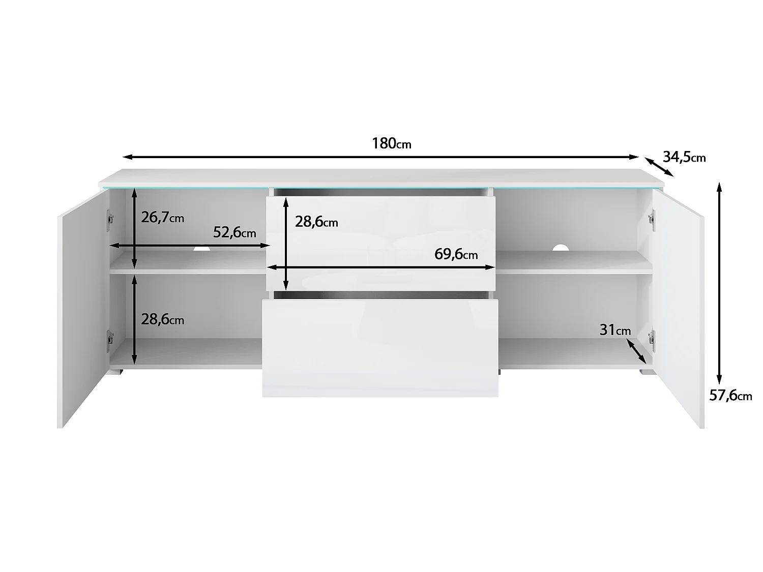 Commode VEVE 180 cm en matera/blanc brillant avec éclairage LED