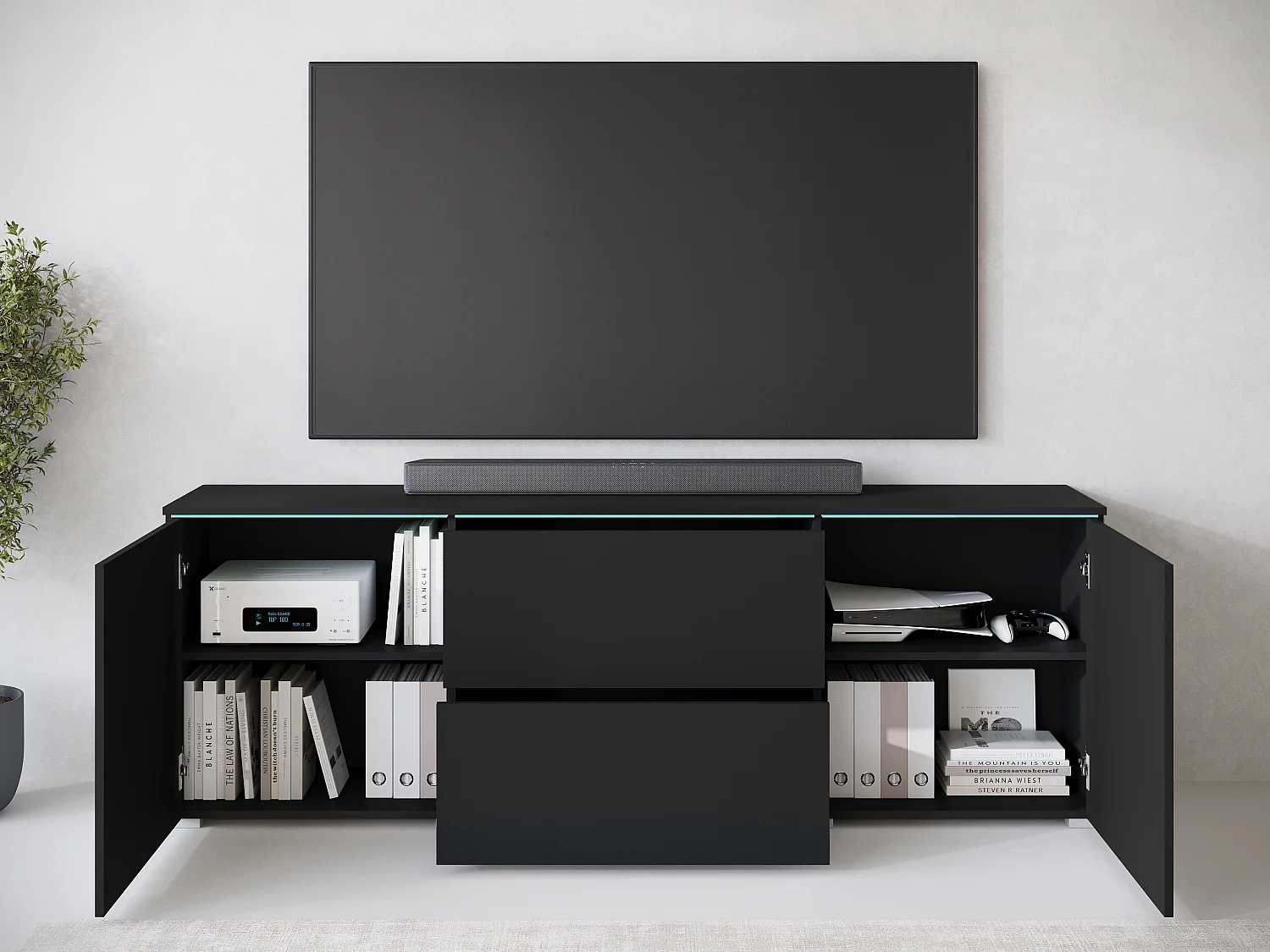 Commode  VEVE 180 cm noire avec éclairage LED