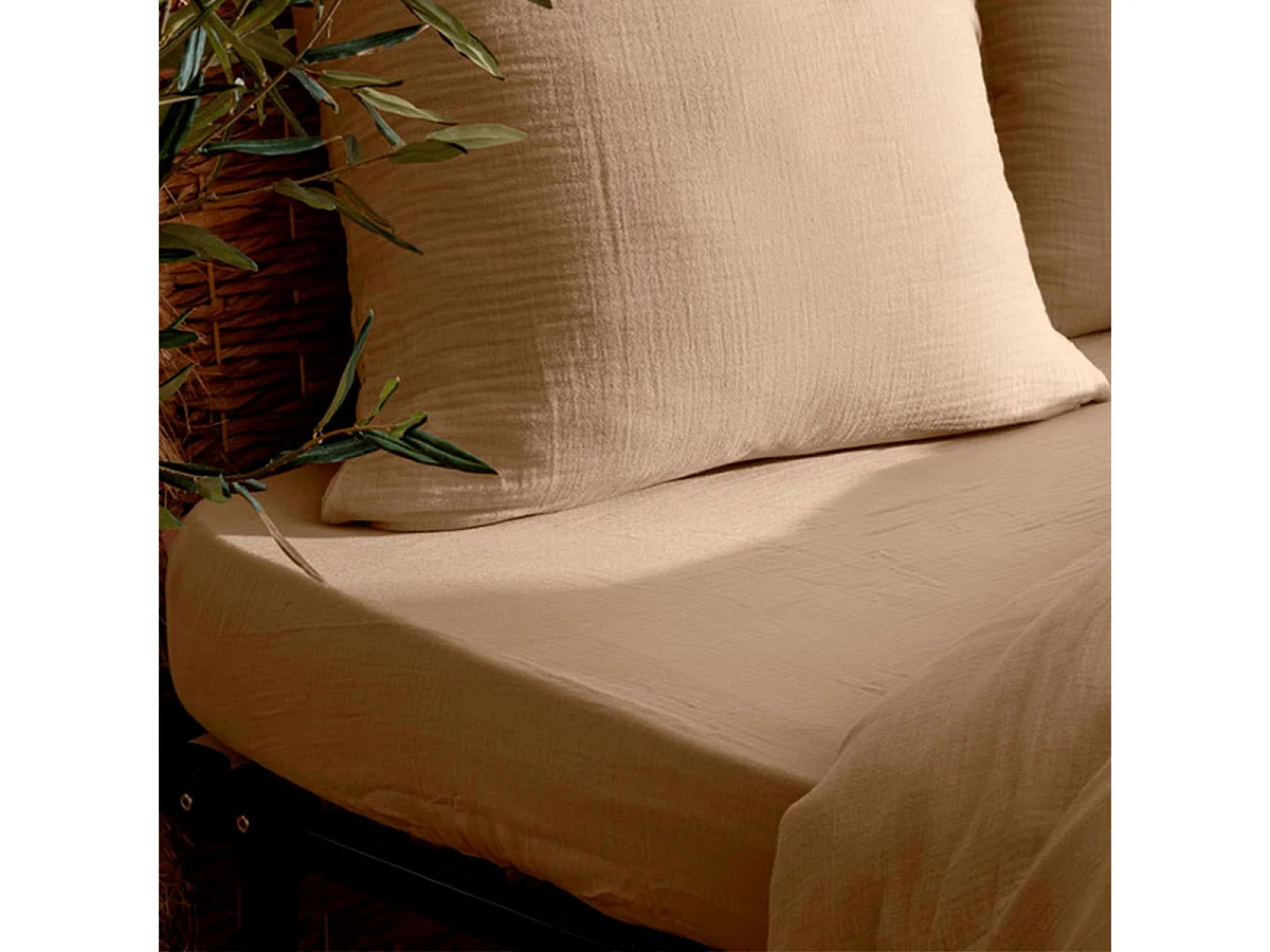 Drap Housse en Gaze de Coton "Flora" 140x190cm Beige Lin