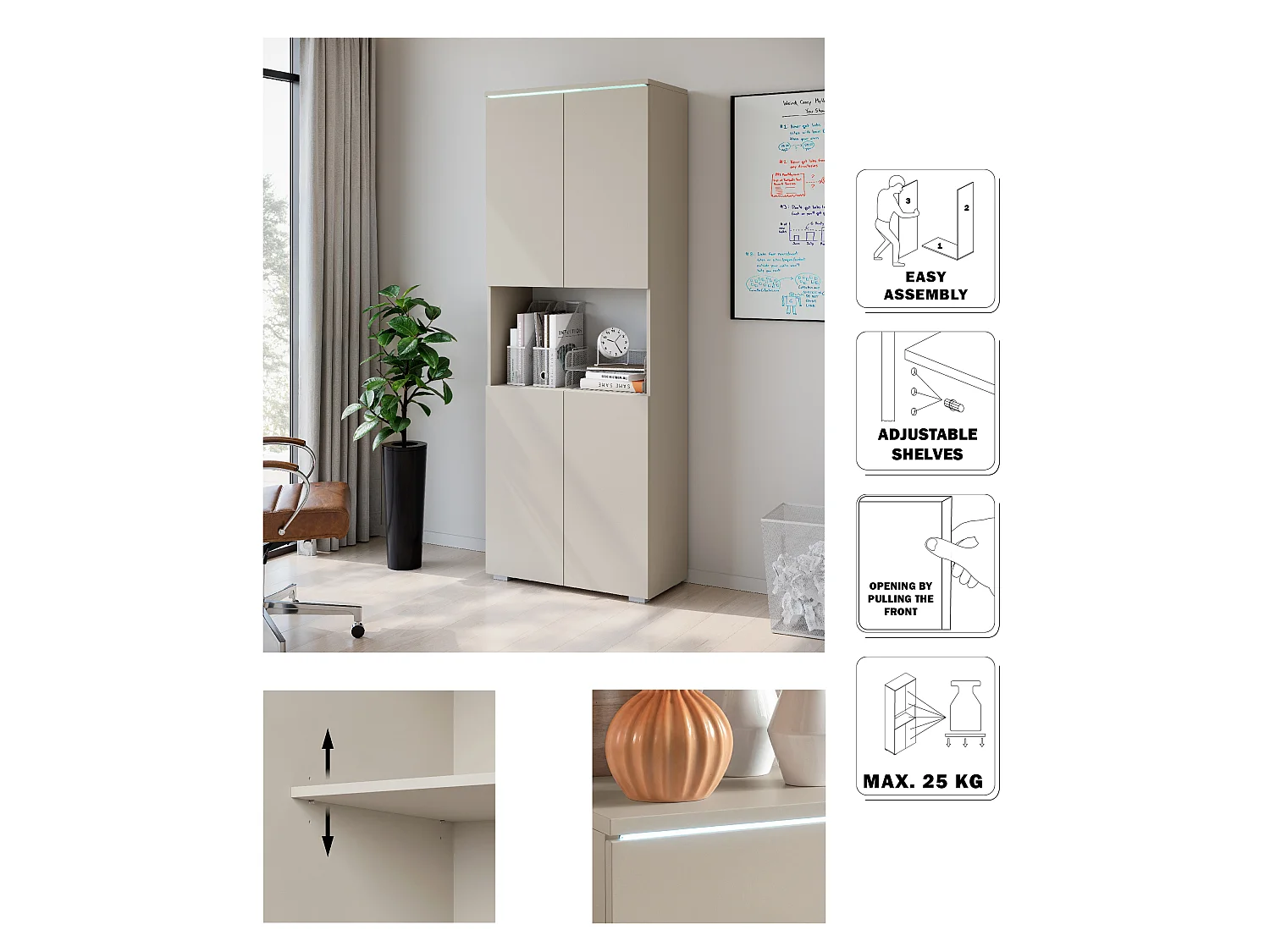 Aktenschrank MINIO go for it VEVE OFFICE 70 mit LED-Beleuchtung, Kaschmirbeige, 1 Stück.